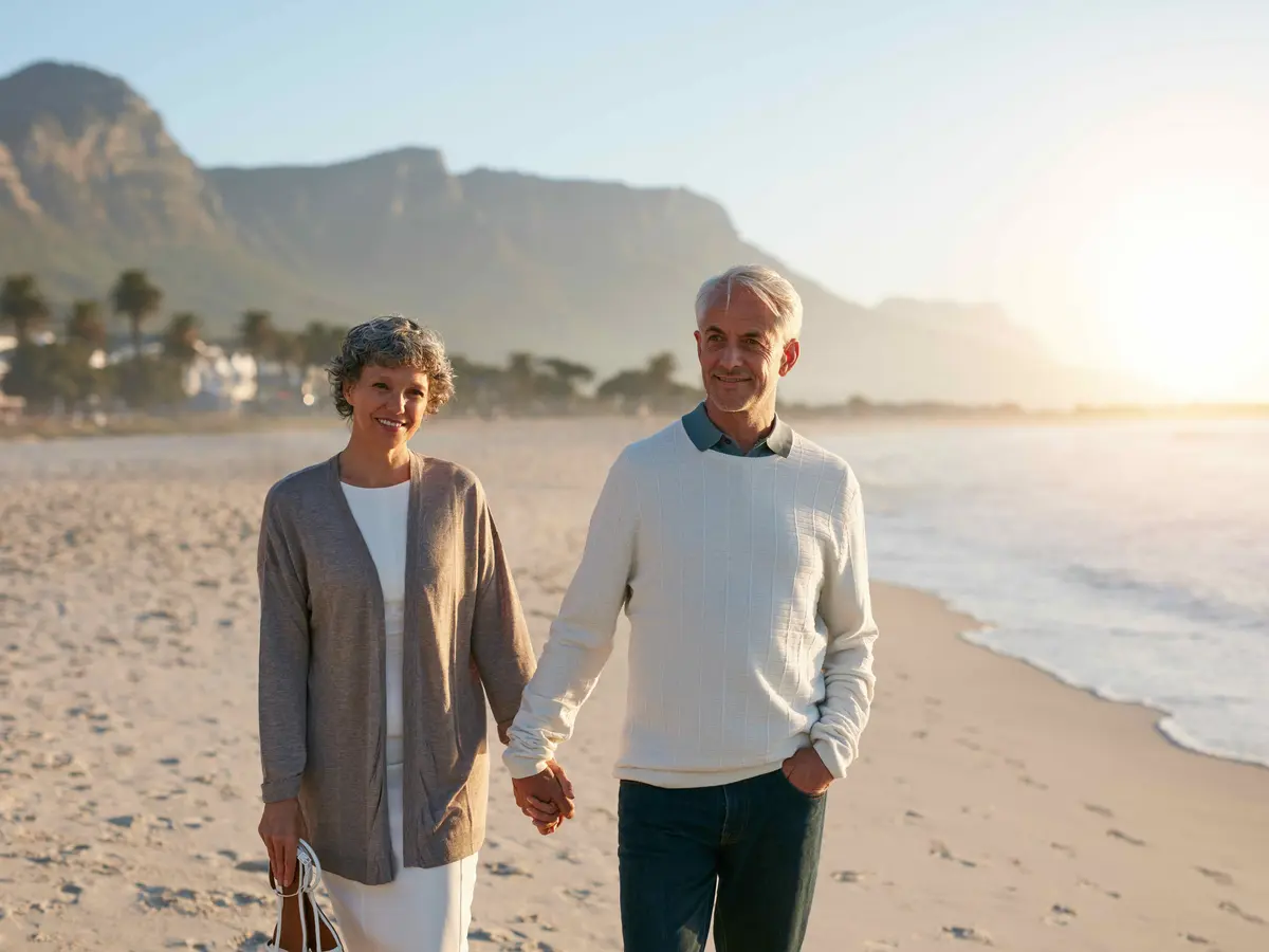 An older couple walks hand in hand on the beach at sunset – living a healthy and active life for longer An older couple walks hand in hand on the beach at sunset – living a healthy and active life for longer